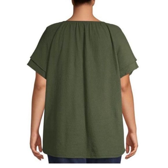 Terra‎ & Sky Forest Green Textured Ruffle Sleeve Peasant Top Comfy Spring NWT - Picture 3 of 6